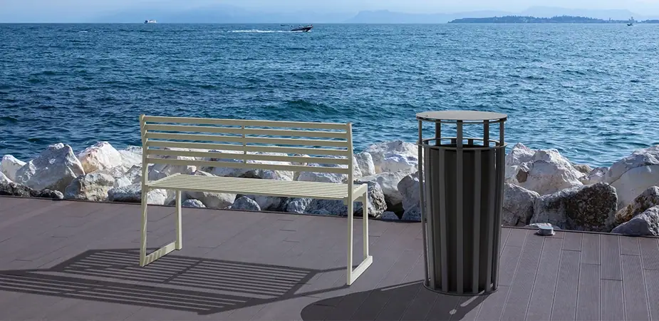 Cortina.026 bench with backrest and a litter bin on lakeside decking