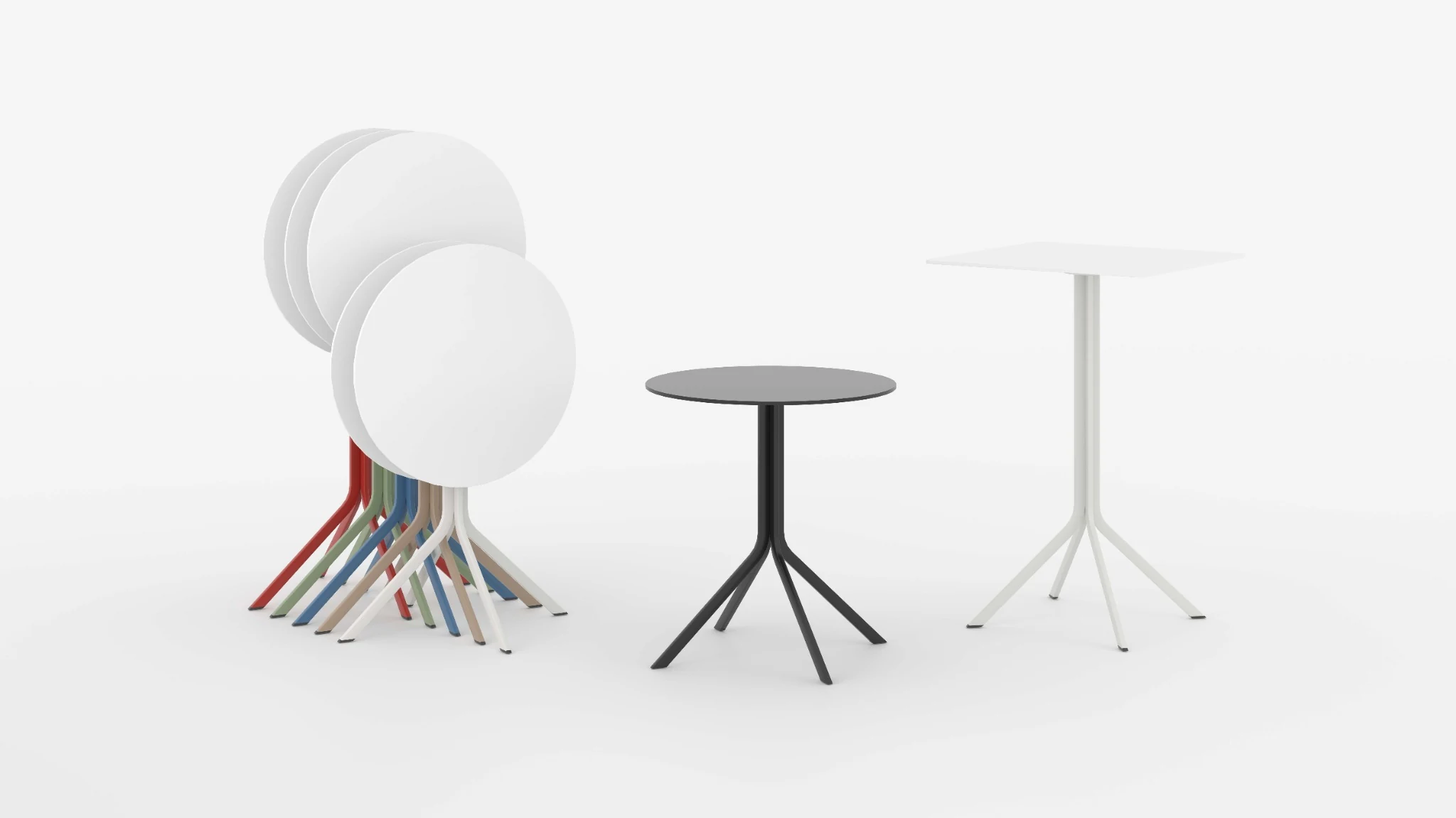 Oreka table family with upright and tip-up nested configurations
