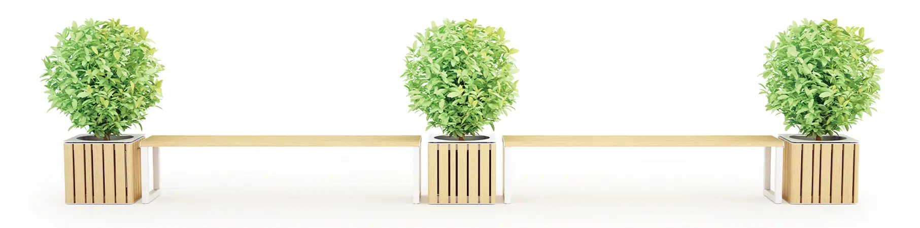 Ventiquattrore.h24 wood-effect benches alternating with matching square planters in a single continuous run