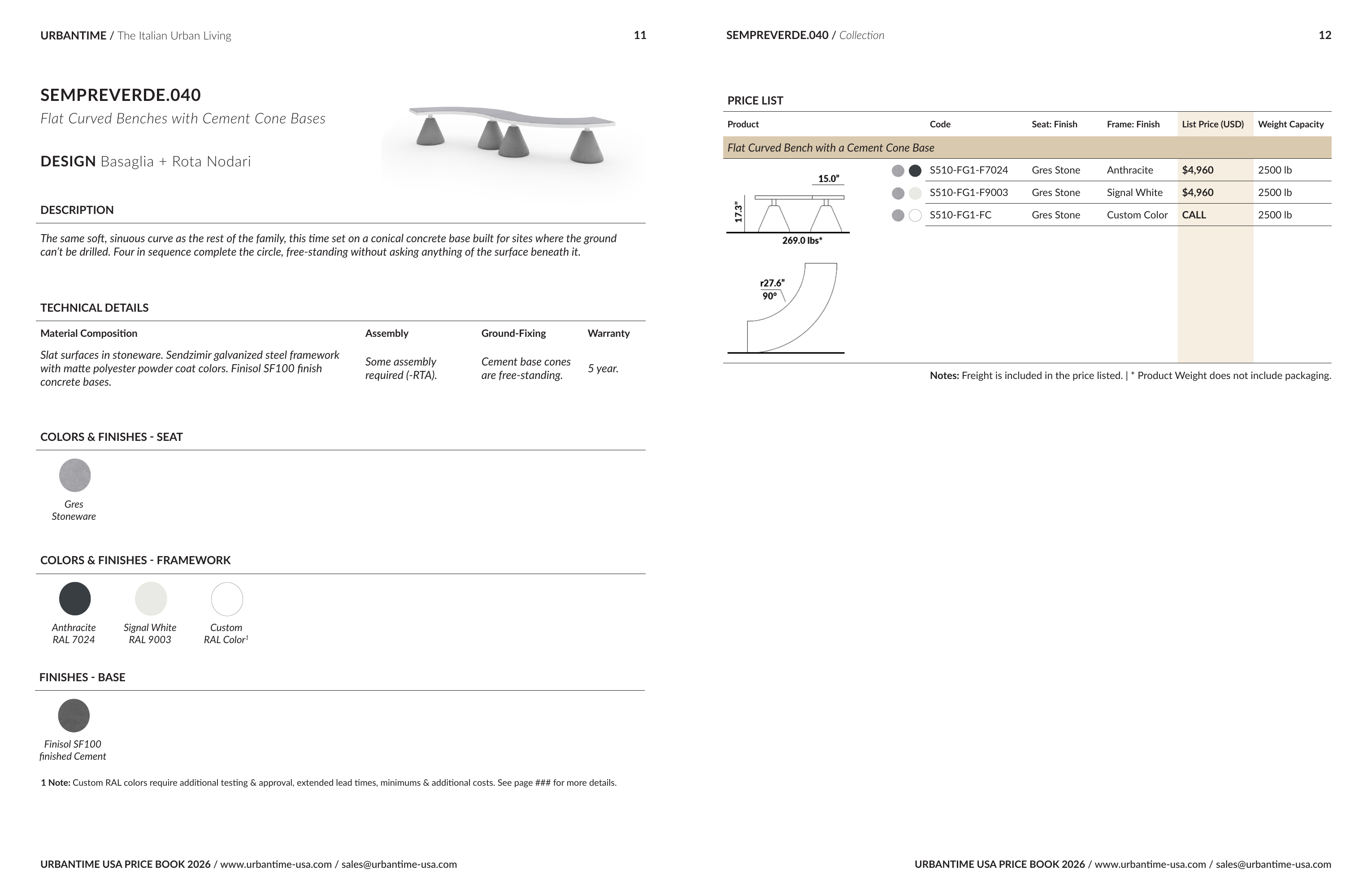 Sempreverde.040 2026 price book, spread 6 of 15 — Flat Curved Benches with Cement Cone Bases