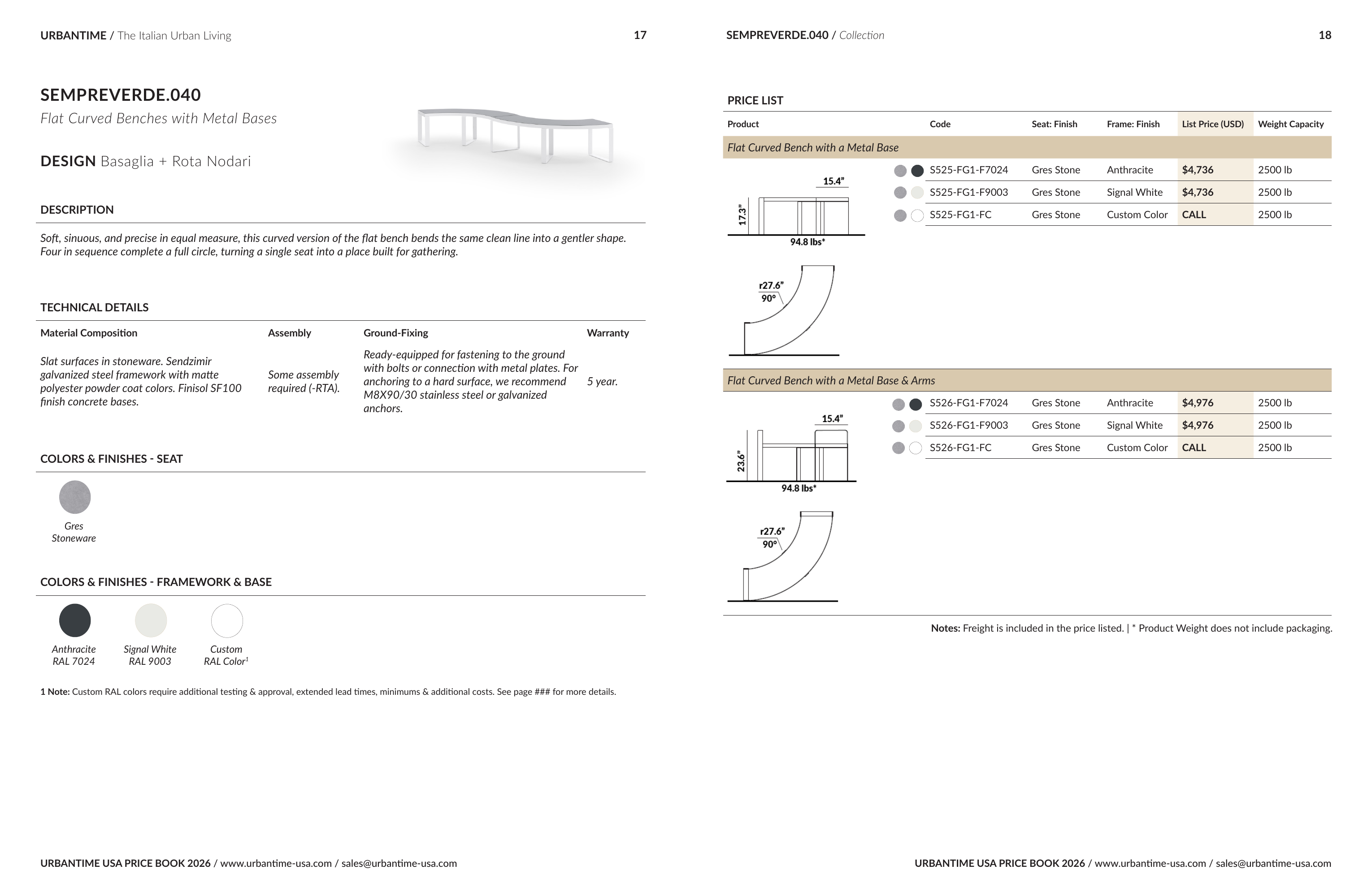 Sempreverde.040 2026 price book, spread 9 of 15 — Flat Curved Benches with Metal Bases