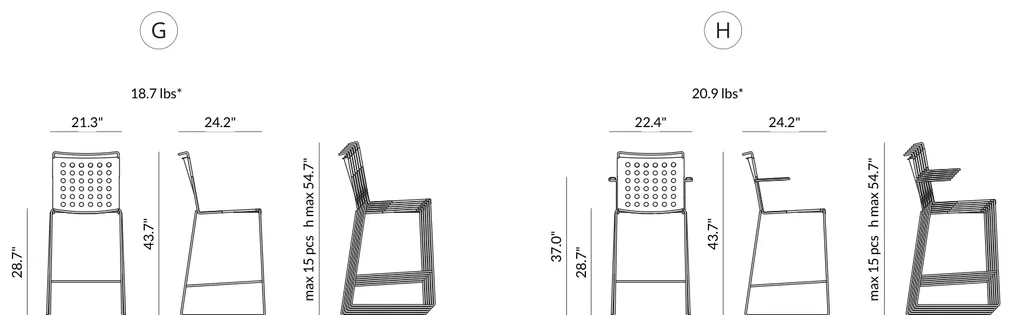 Stool with Arms (22.4" w x 24.2" d x 43.7" h) dimensions