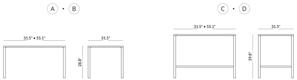 55.1" x 31.5" Low Table (28.8" h) dimensions