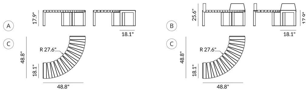 Curved Bench Middle Leg (Each) dimensions