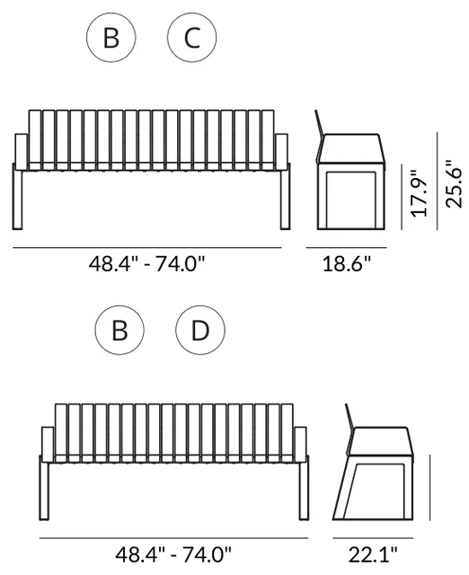 2-Seat Bench with Backrest & Armrests (47.2" long) dimensions