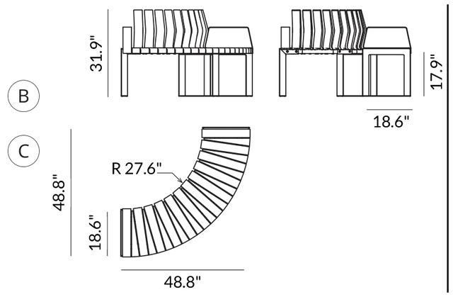 Curved Bench with Backrest & Armrests (48.8" x 48.8") dimensions