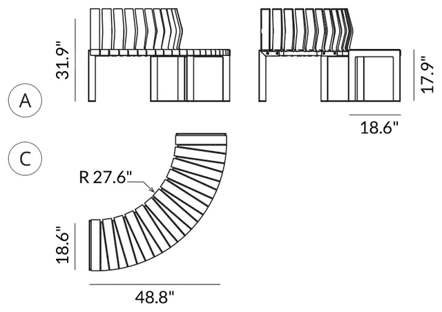 Curved Bench with Backrest (48.8" x 48.8") dimensions