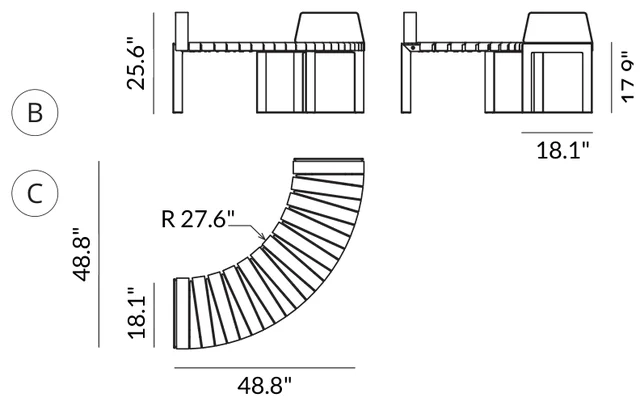 Curved Flat Bench with Armrests (48.8" x 48.8") dimensions